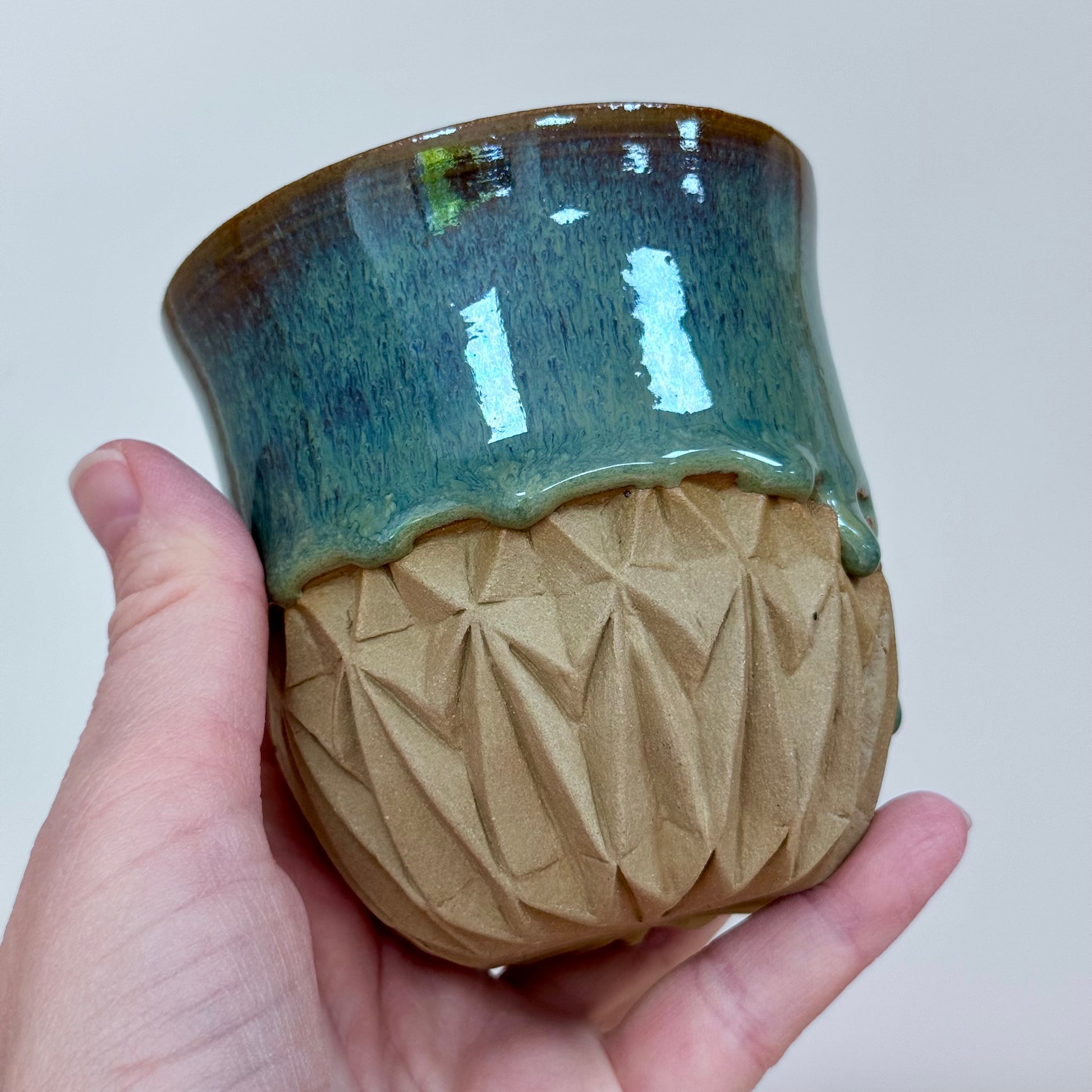 Handmade carved cup green detail