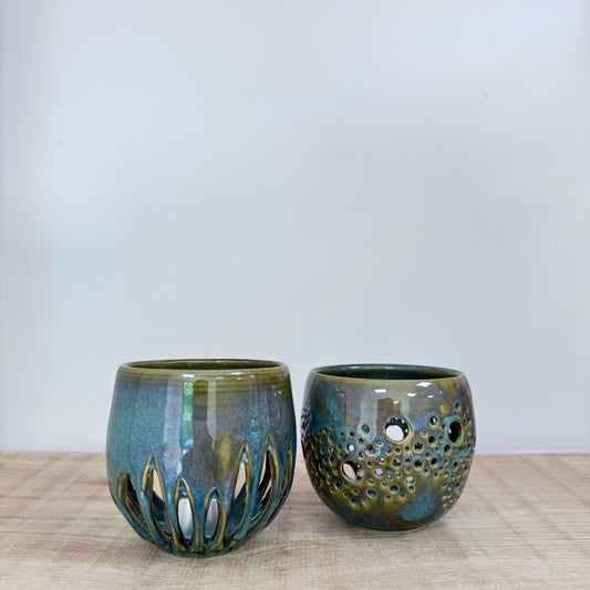 Handmade ceramic candle holders green
