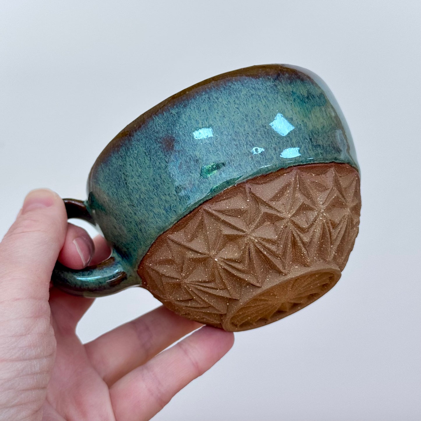 Handmade ceramic cappuccino cup carved green 1