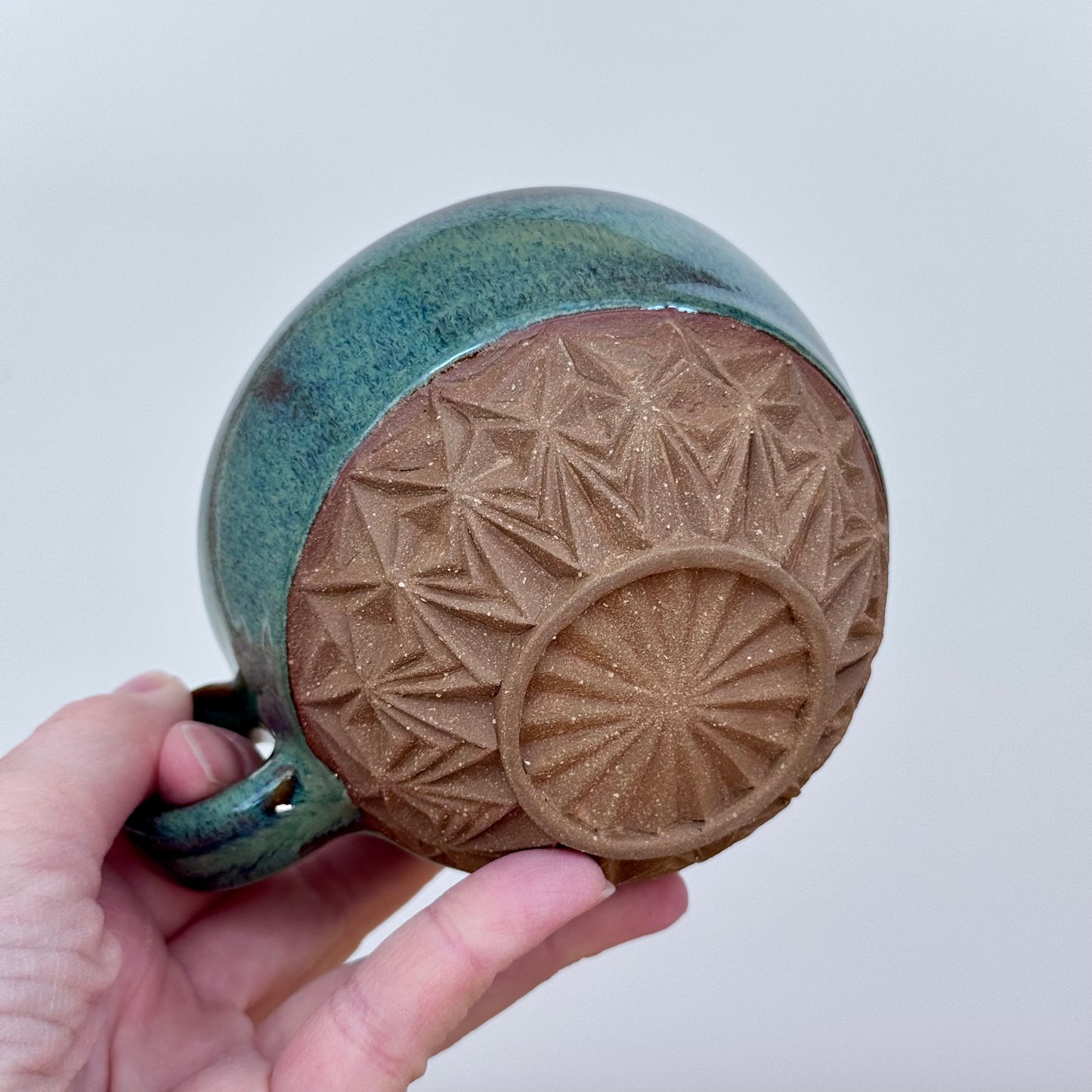 Handmade ceramic cappuccino cup carved green 2