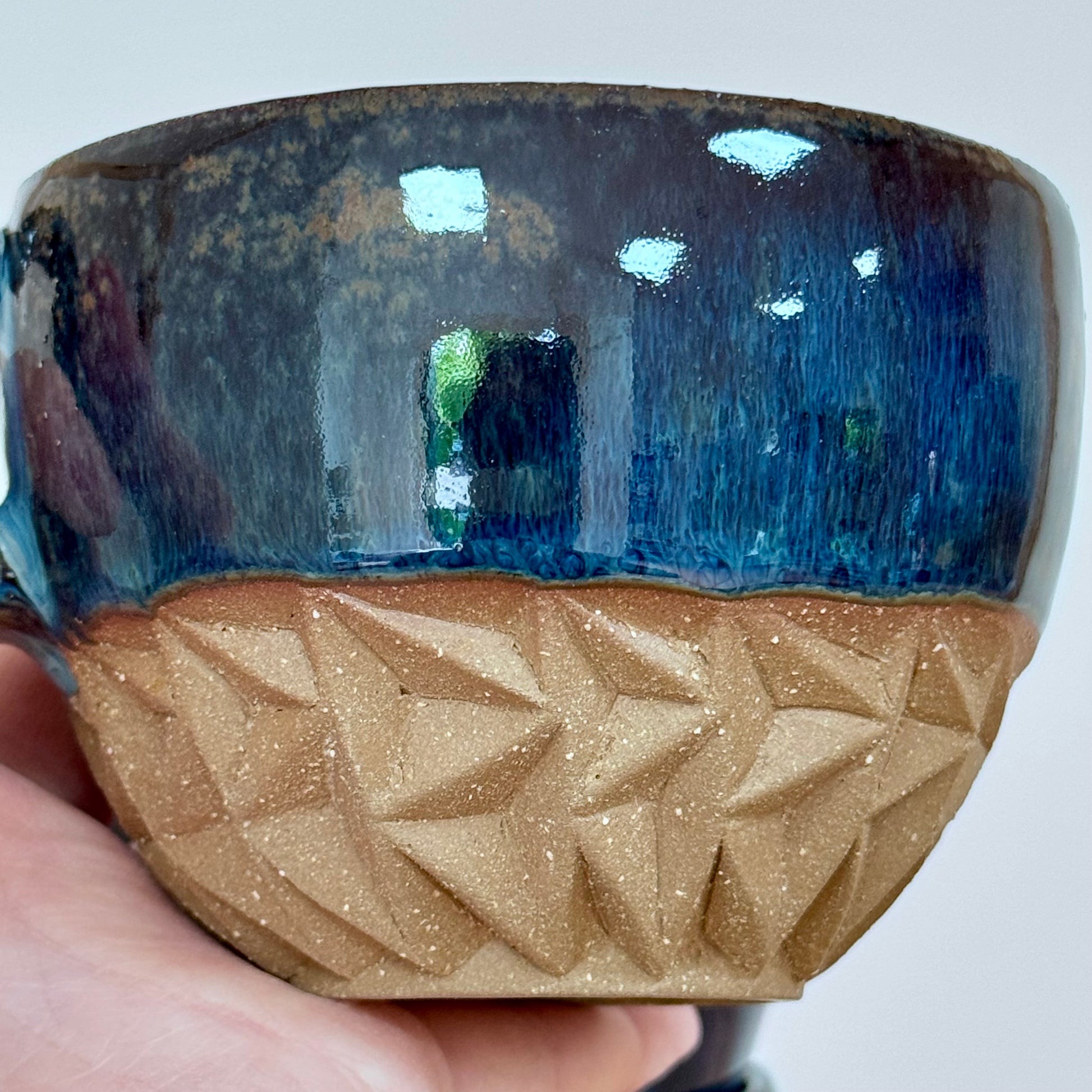 Handmade ceramic cappuccino cups carved blue 1 close