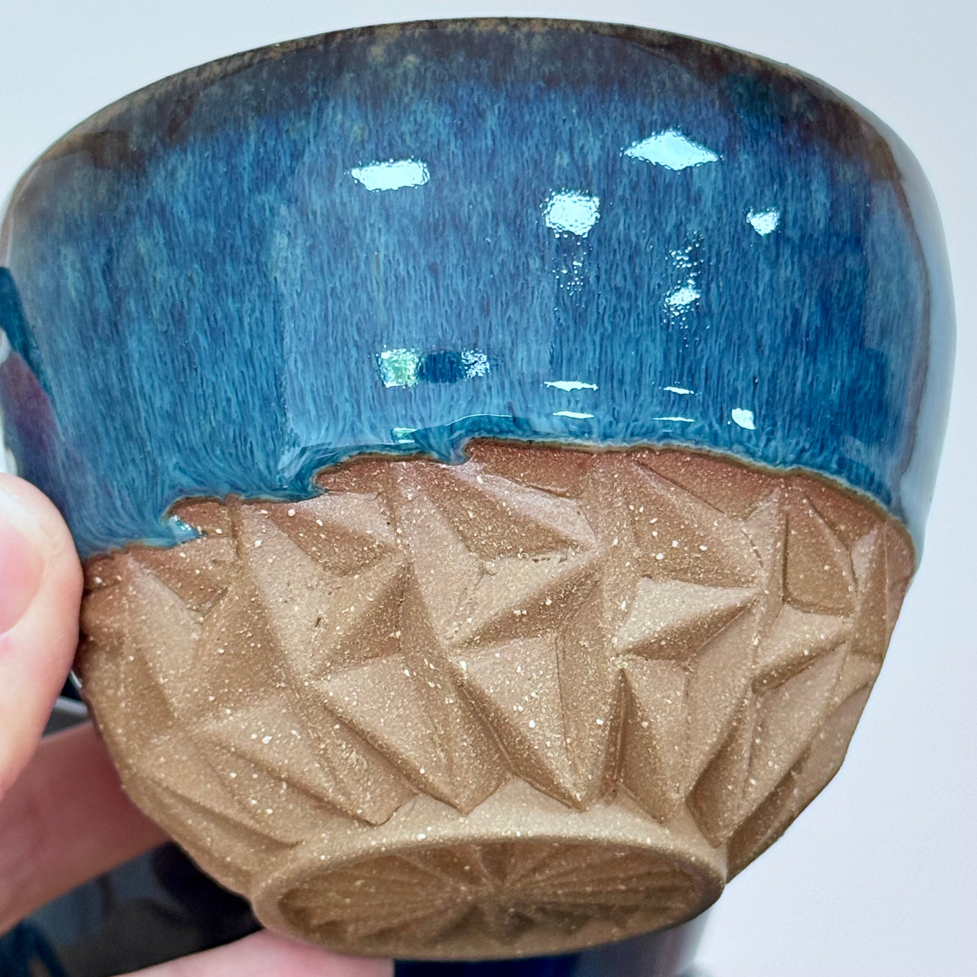Handmade ceramic cappuccino cups carved blue 1 detail