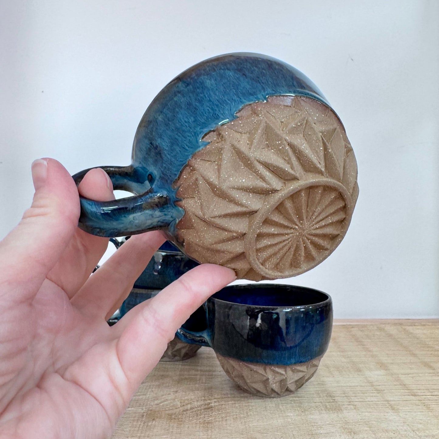 Handmade ceramic cappuccino cups carved blue 1 foot