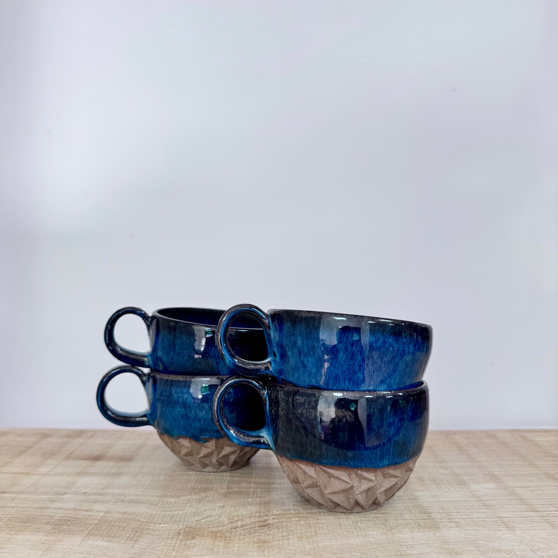 Handmade ceramic cappuccino cups carved blue 1 set