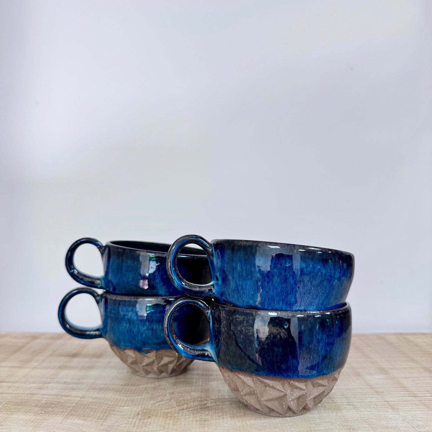 Handmade ceramic cappuccino cups carved blue 1