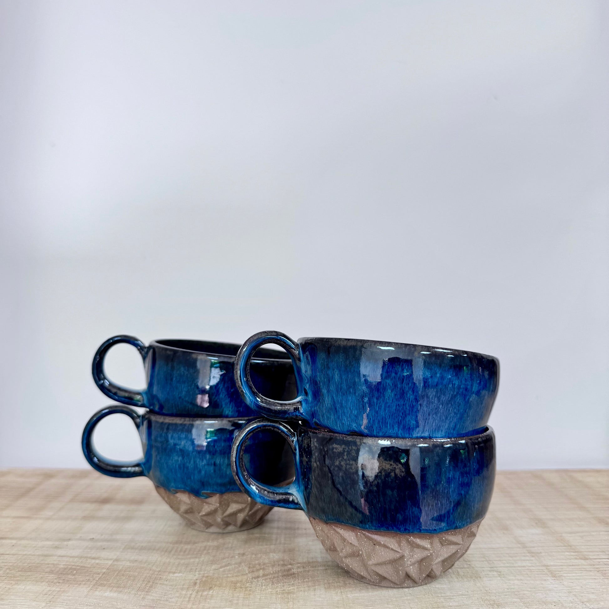 Handmade ceramic cappuccino cups carved blue 1