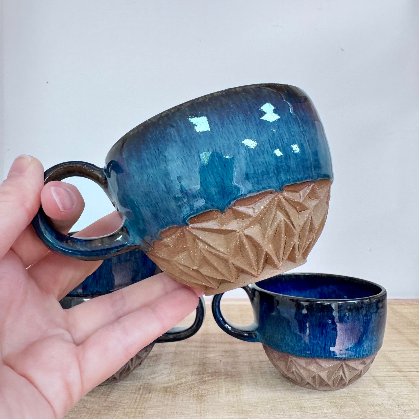 Handmade ceramic cappuccino cups carved blue 2 detail