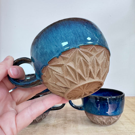 Handmade ceramic cappuccino cups carved blue 2 foot