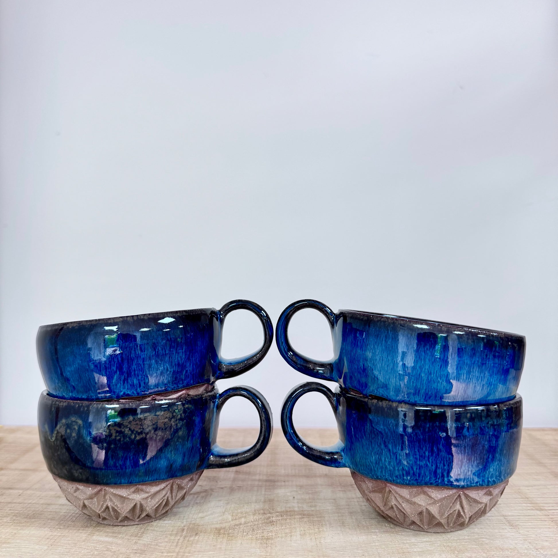 Handmade ceramic cappuccino cups carved blue 2 set