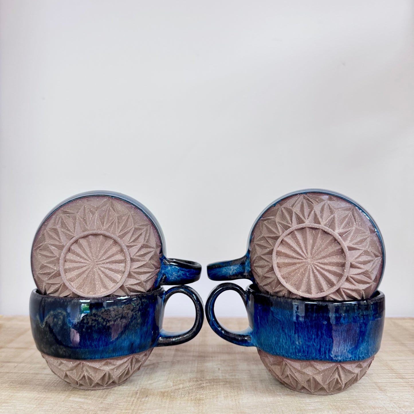 Handmade ceramic cappuccino cups carved blue 2