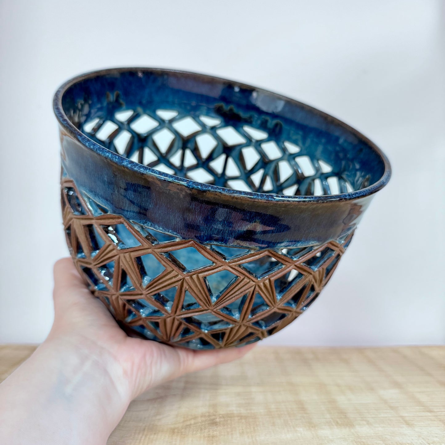 Handmade decorative bowl high blue hand